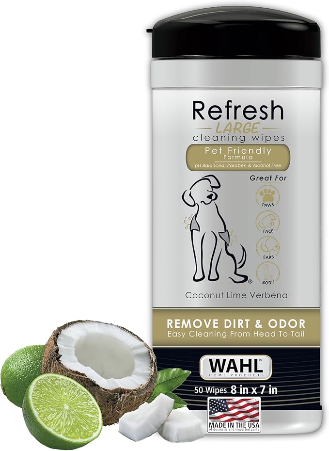 Wahl USA Pet Refresh Cleaning Wipes for All Dog Breeds - Use on Ears, Nose, Paws, Bottom, & Sensitive Areas - 50 Wipes - Model 820017A