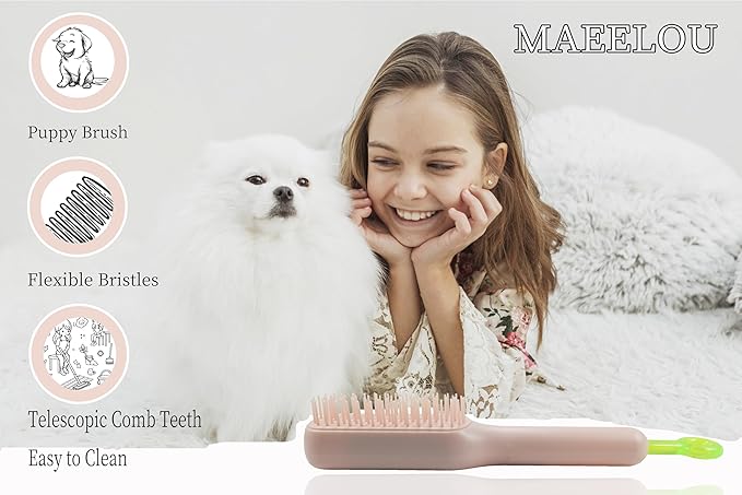 Stretchable Puppy Brush , Soft Dog Brush - Gentle Grooming Brush for Small Dogs, Perfect for Yorkie, Shih Tzu, Maltipoo ,Dog Hair Remover Brush (Pink)
