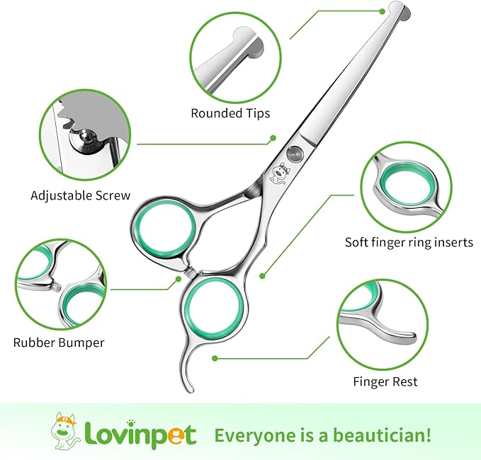 LovinPet Dog Grooming Scissors Set, all Safety Round Tips Professional 6 in 1 Germany Stainless Steel Dog Grooming Scissors Kit,Sharp and Durable Pet Grooming Shears for Dogs Cats for Home and Travel