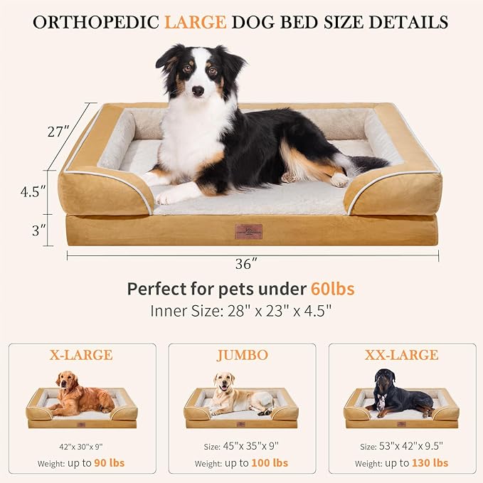 Large Dog Beds Waterproof, Orthopedic Dog Beds for Large Sized Dogs, Comfy Pet Bed Sofa with Washable Removable Cover & Non-Slip Bottom(Large,Khaki)