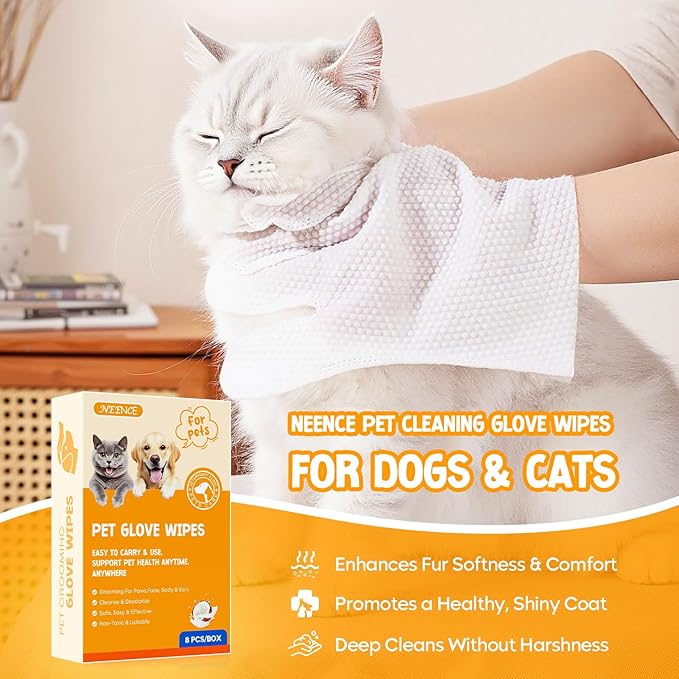 NEENCE Extra Thick Pet Glove Wipes for Dogs & Cats, Dog Washing Gloves Cleaning Deodorizing for Paws,Butt and Body, Cat Bathing Gloves Wipes Suitable for Daily Care and Travelling