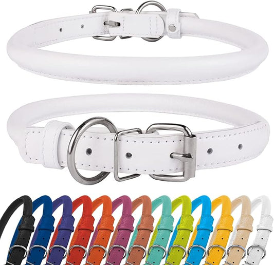 CollarDirect Rolled Leather Dog Collar, Soft Padded Round Puppy Collar, Handmade Genuine Leather Collar Dog Small Large Cat Collars 13 Colors (15-19 Inch, White Textured)