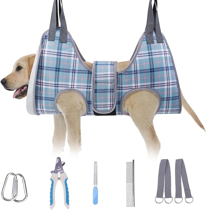 BEAUTYZOO Dog Grooming Hammock, Medium Dog Sling for Nail Trimming, Dog Hanging Harness for Claw Care with Thick Fabric Neck Support Wide Strap Restraint Cat Grooming Hammock, Blue L