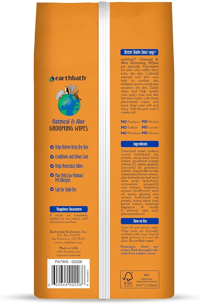 earthbath, Oatmeal & Aloe Grooming Wipes - Dog Wipes for Paws and Butt, Pet Wipes for Dogs & Cats, Helps Relieve Itchy & Dry Skin, Made in USA, Cruelty-Free - Vanilla & Almond 100 Count (2 Pack)