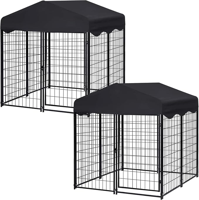 Heavy Duty Outdoor Dog House - Large Kennel with Roof, 4'L x 4'W x 4.5'H - Black Dog Crate with Cover, 2 Set