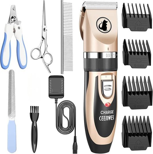 Ceenwes Dog Clippers Low Noise Pet Clippers Rechargeable Trimmer Cordless Grooming Tool Professional Dog Hair Trimmer with Comb Guides Scissors for Dogs Cats & Others(Gold)