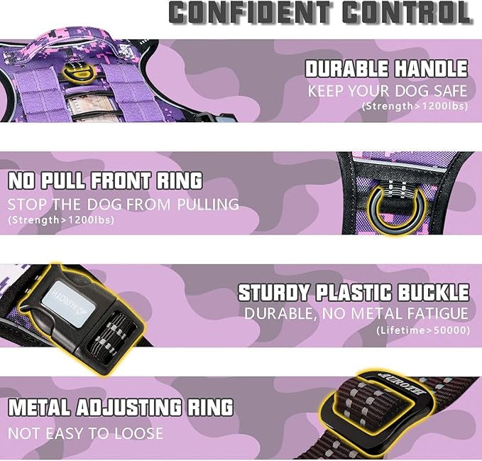 AUROTH Tactical Dog Harness for Small Medium Large Dogs No Pull Adjustable Pet Harness Reflective K9 Working Training Easy Control Pet Vest Military Service Dog Harnesses (XL, Purple Camo)