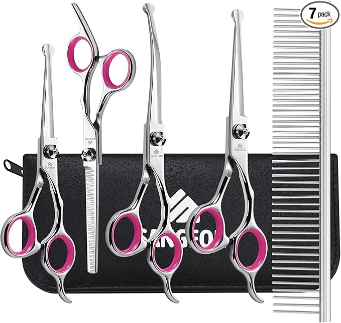 Dog Grooming Scissors, 6-in-1 Professional Dog Grooming Kit, 4CR Stainless Steel Dog Scissors for Grooming, Heavy Duty Dog Shears for Grooming, Dog Grooming Supplies Pet Grooming Kit for Dogs at Home