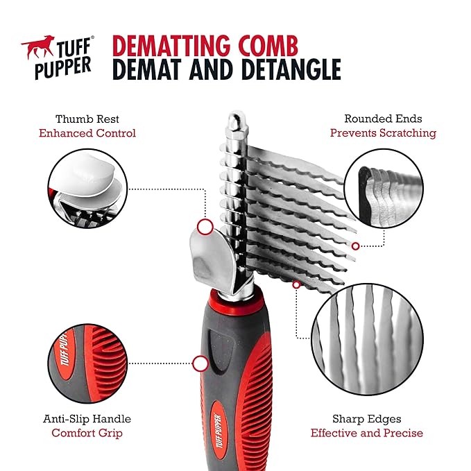 Dematting Comb For Dogs & Cats – Detangling Brush Tool For Dogs Easily & Safely Remove Dead, Matted Or Knotted Hair | Ergonomic, No-Slip Safety Handle Provides Precision Control
