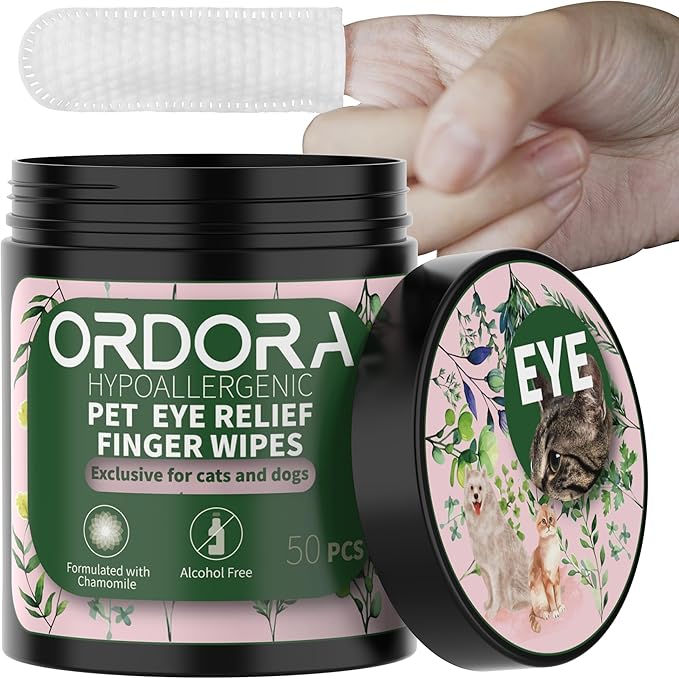 ORDORA PET Eyes Wipes for Dogs & Cats - Remove Tear Stain, Eye Debris, Discharge, Mucus Secretions - Chamomile Pet Cleaning Grooming Deodorizing Wipes for Eyes, Face - 50 Count