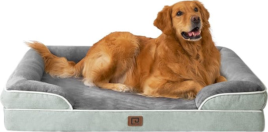 EHEYCIGA Orthopedic Dog Beds for Extra Large Dogs, Waterproof Memory Foam XL Dog Bed with Sides, Non-Slip Bottom and Egg-Crate Foam Big Dog Couch Bed with Washable Removable Cover, Greyish Green