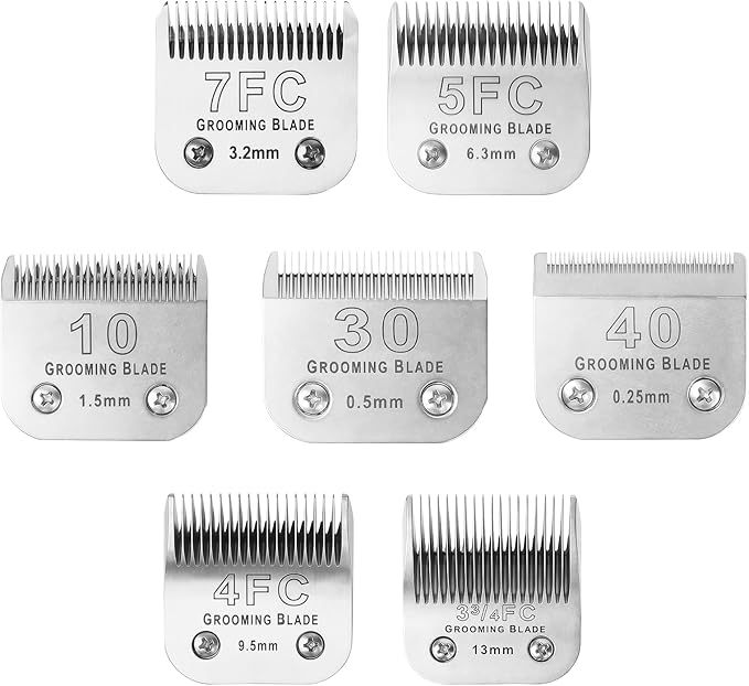 Size 10+30+40+7FC+5FC+4F+3-3/4FC Detachable Dog Grooming Blades, Compatible with Andis, Oster A5, Wahl KM10 Series Clippers, Cut Length 0.25mm-13mm, Silver