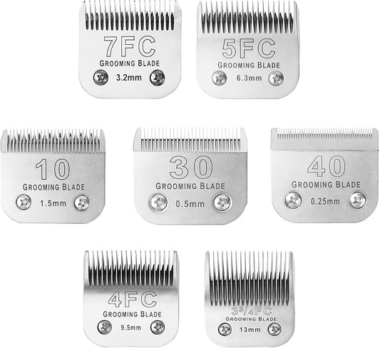 Size 10+30+40+7FC+5FC+4F+3-3/4FC Detachable Dog Grooming Blades, Compatible with Andis, Oster A5, Wahl KM10 Series Clippers, Cut Length 0.25mm-13mm, Silver