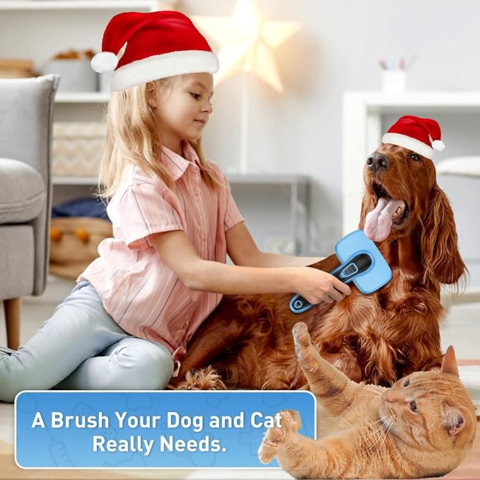 Dog Brush for Shedding, Self-Cleaning Slicker Brush, Perfect for Short & Long Haired Pets, Removes Mats, Tangles, Loose Fur, Gentle on Skin, Ideal for Small, Medium, Large Dogs. Blue