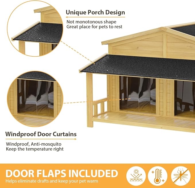 KELRIA 47.2" Dog House, Waterproof Dog Kennel, Wooden Outdoor and Indoor Dog House, Log Cabin Style with Porch,Elevated Floor, 2 Doors, Pine Wood + Natural