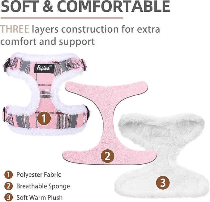 PUPTECK No Pull Dog Harness and Leash Set Reflective No Choke Step in Puppy Halter for XS Small and Medium Sized Dogs, Pink Plaid, Plush, M