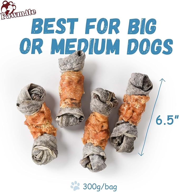 Chicken Wrapped Cod Skin Knotted Bones-6.5", All-Natural Healthy Dog Chew Treats Fish Skin, Rich in Omega3 Protein 5-6 Pcs 10.6 OZ