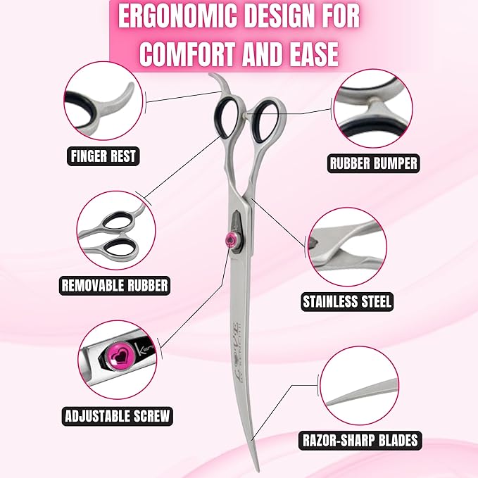 Kenchii Love Left Handed Dog Grooming Scissors, 9 Inch Curved Shears, Dog Scissors for Grooming, Professional Pet Grooming Scissors, Curved Dog Grooming Scissors