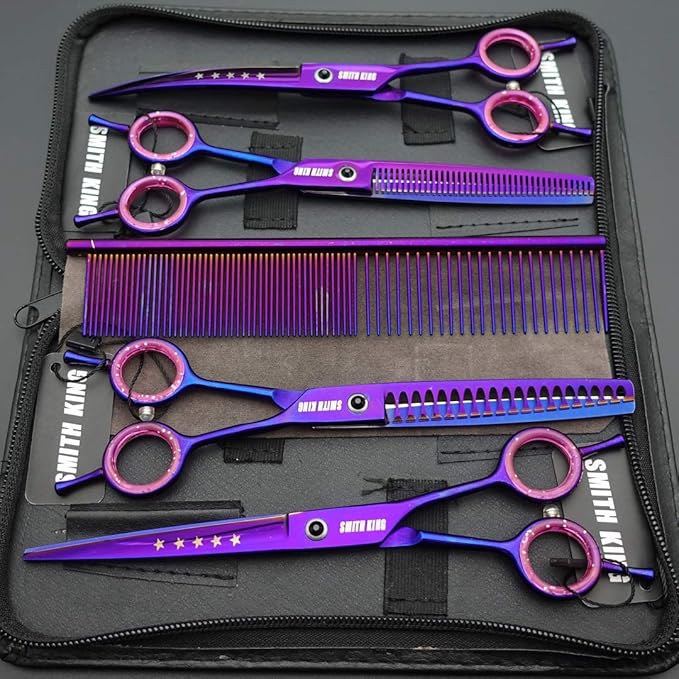 7.0 inches Professional Dog Grooming Scissors Set Straight & thinning & Curved & chunkers & comb 5pcs in 1 Set for left-handed & right handed