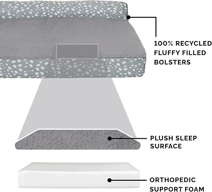 Furhaven Orthopedic Dog Bed for Large Dogs w/ Removable Bolsters & Washable Cover, For Dogs Up to 125 lbs - Plush & Almond Print L Shaped Chaise - Gray Almonds, Jumbo Plus/XXL
