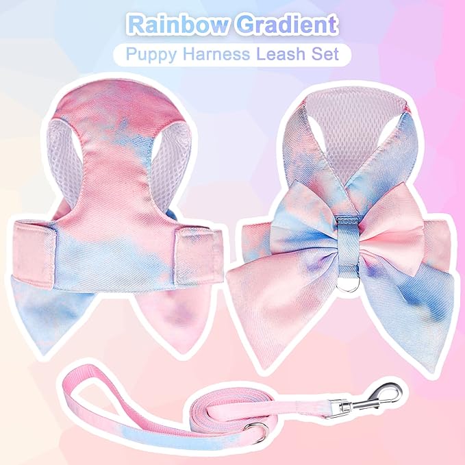 PETCARE Cute Bow Tie Dog Harness and Leash Set Elegant Rainbow Gradient Puppy Harness No Pull Soft Mesh Pet Cat Dog Vest Harnesses for Small Dogs Cats, Blue