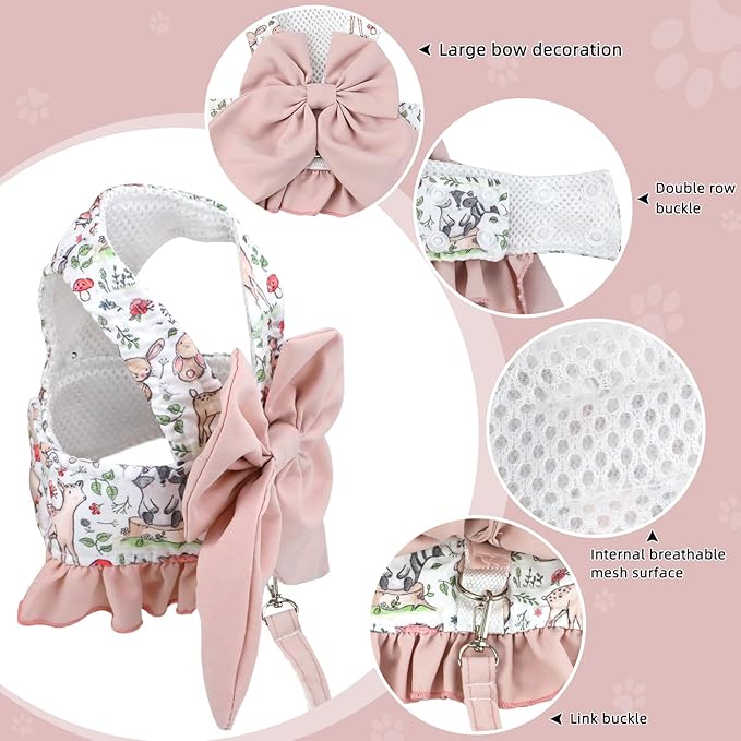 Small Medium Size Dog Harness and Leash Set with Bow Knot,No Pull Pet Floral Harnesses with D-Ring Soft Mesh Dog Harness Vest Set Escape Proof Harness for Dogs Cats Girl or Boy (L)