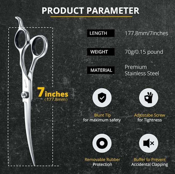 TOMBRO 7.0" Curved Dog Grooming Scissors Professional Curved Scissors for Pets 6CR Stainless Steel Pet Grooming Scissors with Safe Round Tips,Pets Grooming Shears with Offset Handle (Down-curved)