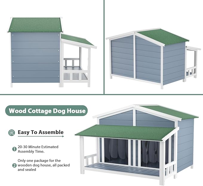 KELRIA 47.2" Dog House, Waterproof Dog Kennel, Wooden Outdoor and Indoor Dog House, Log Cabin Style with Porch,Elevated Floor, 2 Doors, Pine Wood + Green