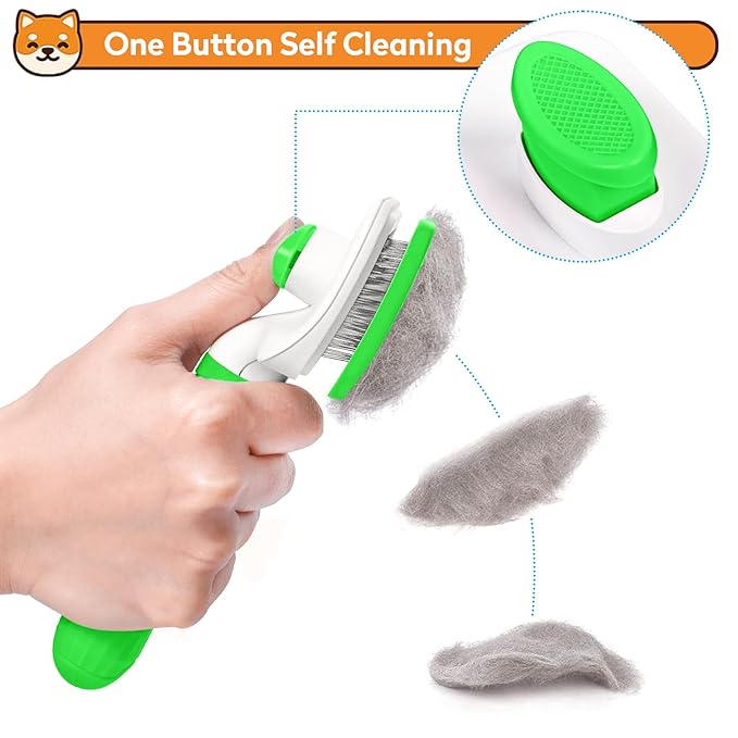 Dog & Cat Brush, Self Cleaning Slicker Brush for Pets, Upgraded Dog Brush for Shedding Massaging and Grooming, Removes Loose Undercoat & Portable Comb for Long Short Haired Dogs(Green)