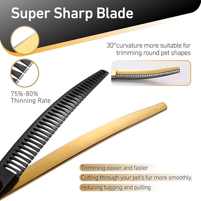 Fenice Peak Black and Golden Professional Curved Chunker Dog Grooming Scissors 7.5'' 440C Stainless Steel Thinner Shear Sharp and Durable with Decorative Screw