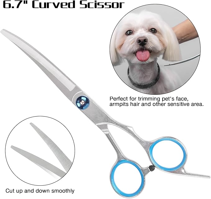 Premium Dog Grooming Scissors with Safety Round Tips, 5 in 1 Dog Grooming Scissors Kit, 4CR Stainless Steel Premium Pet Grooming Shears for Dog, Sharp and Durable, Blue