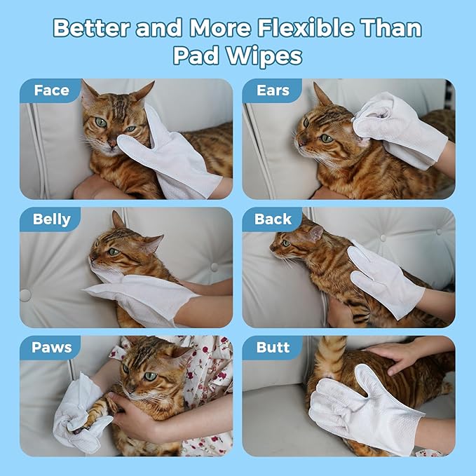 Vannon Portable Pet Bathing Wipes for Dogs & Cats, Cleaning & Odor-Controlling Extra Thick Grooming Glove Wipes for Daily Care and Traveling, Rinse Free, Nourish Fur, Individually Packaged, 10 PCS