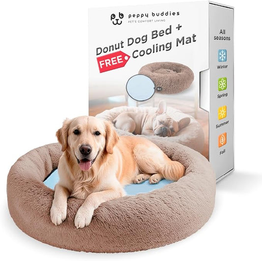 Large Donut Dog Bed, Calming Dog Bed Washable Ideal for Small to Large Dogs and Cats & Round Dog Bed,Anti-Anxiety Multiple Sizes (Brown, Combo Large (37.5" L x 37.5" W x 8.5" Th))