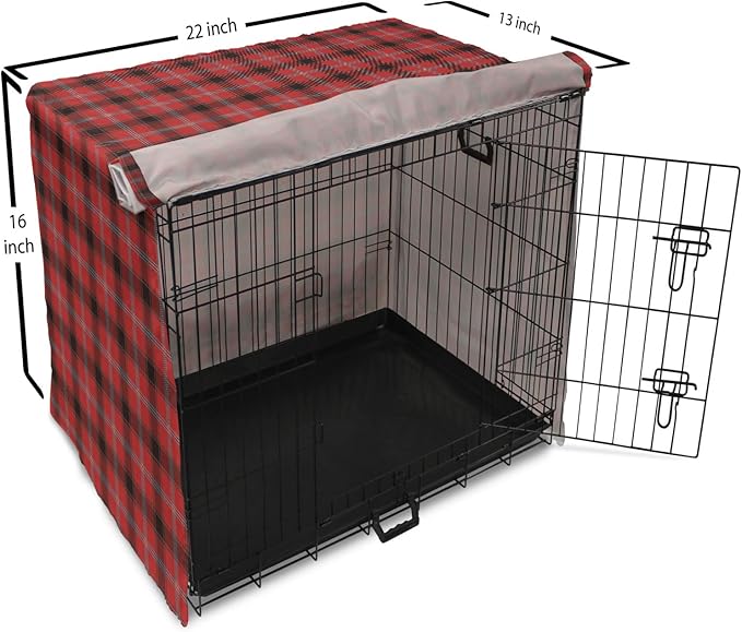 Lunarable Buffalo Plaid Dog Crate Cover, Arrangement with Lumberjack Themes Geometric Concept Pattern Print, Easy to Use Pet Kennel Cover for Small Dogs Puppies Kittens, 22 Inch, Vermilion and Grey