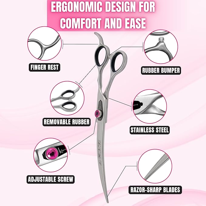 Kenchii Love Left Handed Dog Grooming Scissors, 8 Inch Curved Shears, Dog Scissors for Grooming, Professional Pet Grooming Scissors, Curved Dog Grooming Scissors