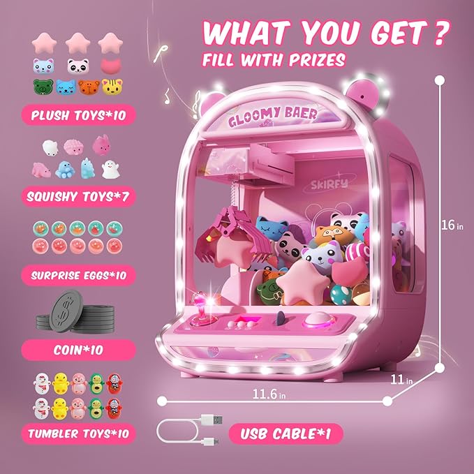 Skirfy Large Claw Machine Arcade Toy with LED Light & Adjustable Sound,16" Candy Dispenser Toys Mini Vending Machine for Kids Christmas Birthday Big Gifts for Girls Boys Ages 6+