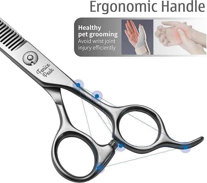 Fenice Peak 3pcs Dog Grooming Scissors Set Straight Thinning Curved Shears Stainless Steel Shears for Pet Grooming Sharp and Durable with Case Suitable for home users and Professional Groomer