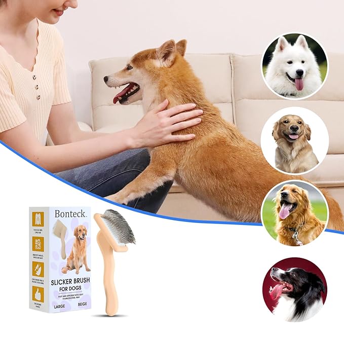 Dog Slicker Brush for Grooming Pet Hair, Beige, Long Haired Brush For Dogs (Poodles, Goldendoodles, Labradoodles), Long Pin Brush For Dematting