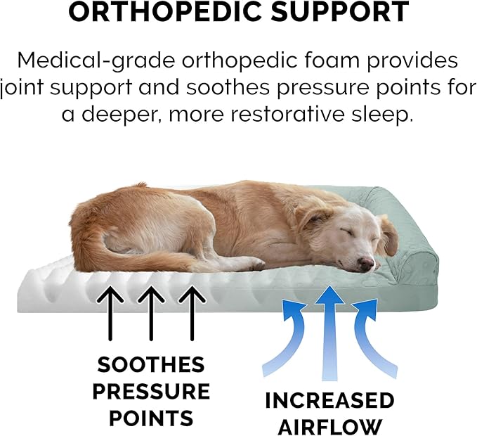 Furhaven Orthopedic Dog Bed for Large Dogs w/ Removable Bolsters & Washable Cover, For Dogs Up to 95 lbs - Pinsonic Quilted Paw L Shaped Chaise - Iceberg Green, Jumbo/XL