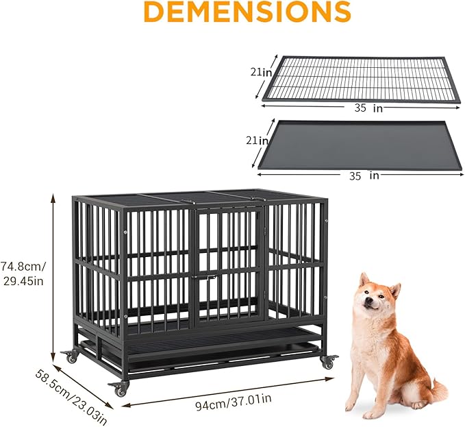 37 inch Heavy Duty Indestructible Dog Crate Steel Escape Proof,Indoor Dog House High Anxiety Cage,Kennel with Wheels,Removable Tray