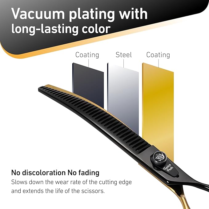 Fenice Peak Black and Golden Professional Curved Chunker Dog Grooming Scissors 7.5'' 440C Stainless Steel Thinner Shear Sharp and Durable with Decorative Screw