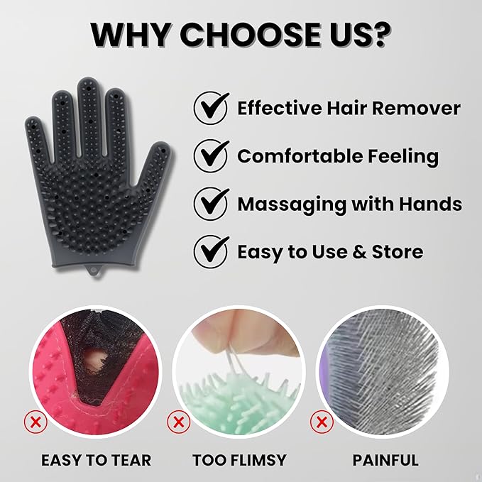 2pcs Pet Grooming Gloves for Cats, Dogs, Rabbits, Horses – Silicone Hair Remover, Shedding Bath Brush, Massage Mitts