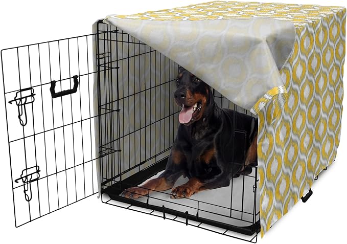 Lunarable Mustard Dog Crate Cover, Eastern Ikat Style Pattern with Modern Blurry Color Distortion Effects, Easy to Use Pet Kennel Cover for Medium Large Dogs, 42 Inch, Grey Yellow