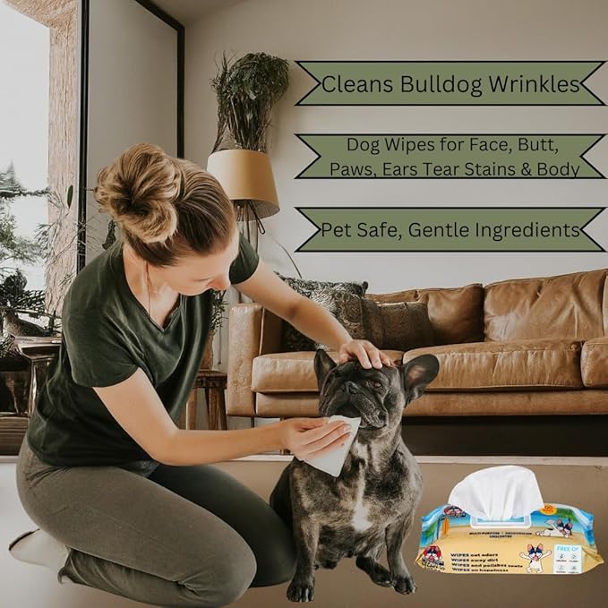 Pacific Pups Products Dog Wrinkle Wipes French Bulldog - 100 Count - Gentle, Plant Based Bulldog Face Wipes - Unscented Dog Wipes for Paws and Butt, Frenchie Wrinkle Wipes for Dogs