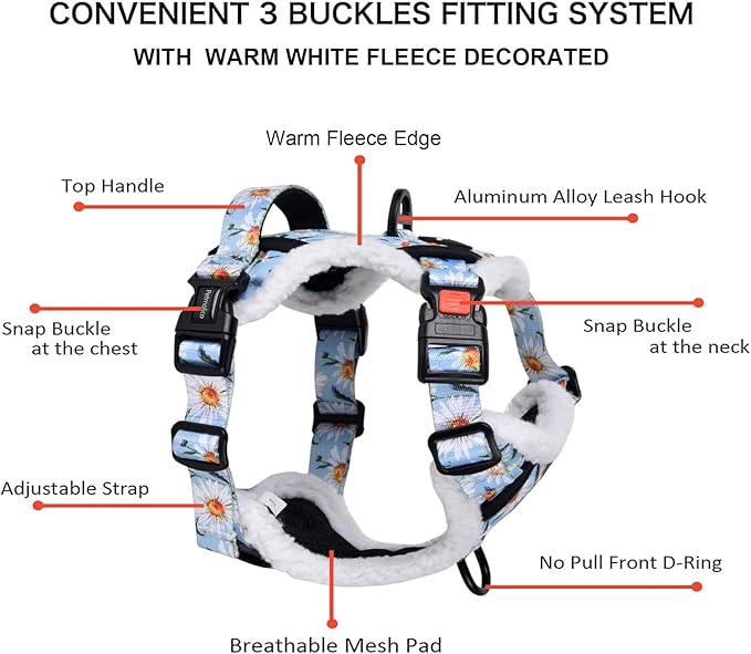 Petmolico Floral Dog Harness and Leash, No Pull Fleece Dog Harness with 2 Leash Clips and Easy Control Handle for Small Dogs, Small Daisy