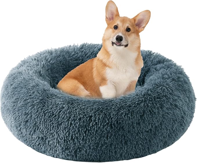 HYQ Small Dog Bed, Pet Beds for Small Dogs, Cat Beds for Indoor Cats, Fluffy Faux Fur Plush Small Dog Bed, Washable Puppy Bed with Anti-Slip Bottom, Dog Bed Small Size Dog (Blue Gray, 24 Inch)