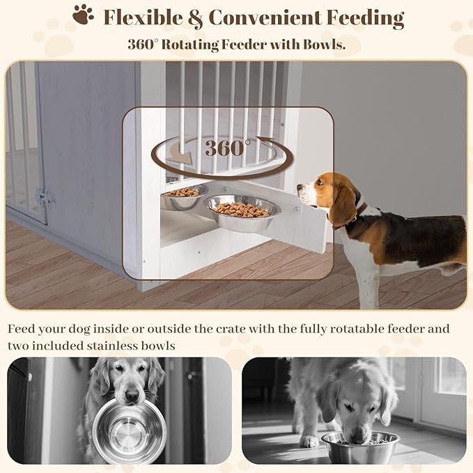 Dog Crate Furniture for Large Dogs, 36" Indoor Wooden Dog Kennel with 270° Swivel Door & 360° Rotating Feeder, Decorative Heavy Duty Dog House with Double Locks & Bowls, White