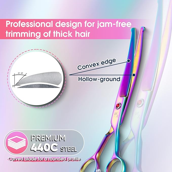7" Curved Dog Grooming Scissors with Safe Round Tip, Rainbow Pet Fur Scissors, Japanese Stainless Steel 440C, Sharp and Sturdy Grooming Shears for Novice and Professional Groomers