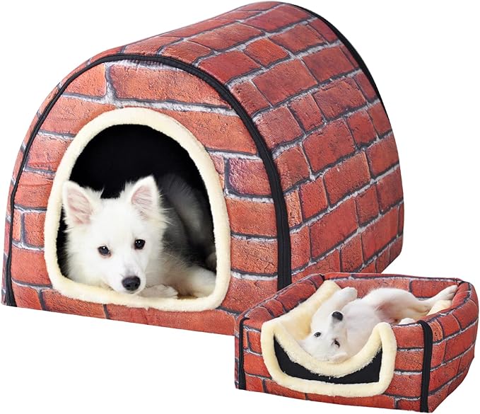 Dog Bed or Cat Bed,2 Ways to Use,Indoor Pet House with Fluffy Mat,Removable and Washable Cover,Splash-Proof House and Non-Slip Bottom,for Medium Dogs and Cats(L Brick)