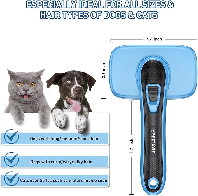 Dog Brush for Shedding, Self-Cleaning Slicker, 3 PCS Kit with Bath Brush & Comb, Perfect for Short & Long Haired Pets, Removes Mats, Tangles, Fur, Gentle on Skin, Ideal for All Dogs. Blue